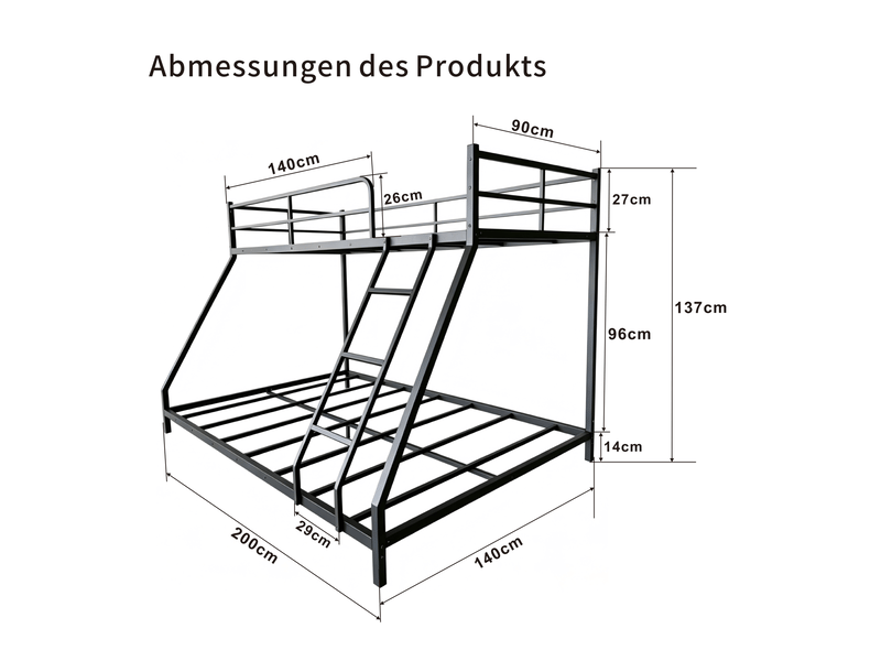  Lit superposé 200x140x137 cm avec échelle et garde-corps métal noir sans matelas  - Conforama C