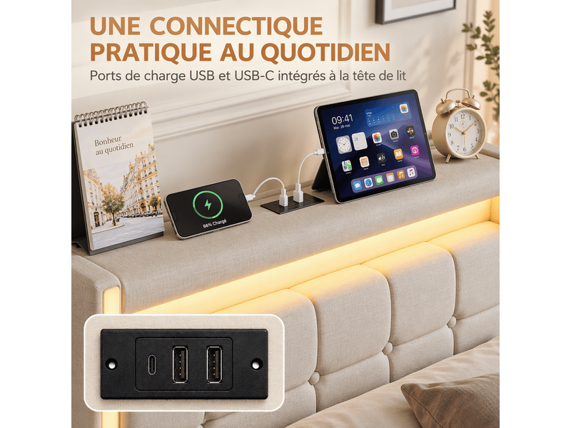  Lit simple 90 x 200 cm avec 2 tiroirs de rangement, lit enfant avec éclairage led et ports usb-c, lit 1 place avec sommier à lattes, lin beige  - Conforama R