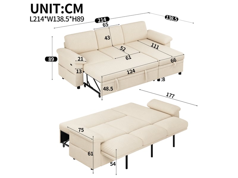 Canapé d'angle convertible avec méridienne réversible, coffre, dossier réglable, ports usb et usb-c, velours côtelé beige - Conforama D