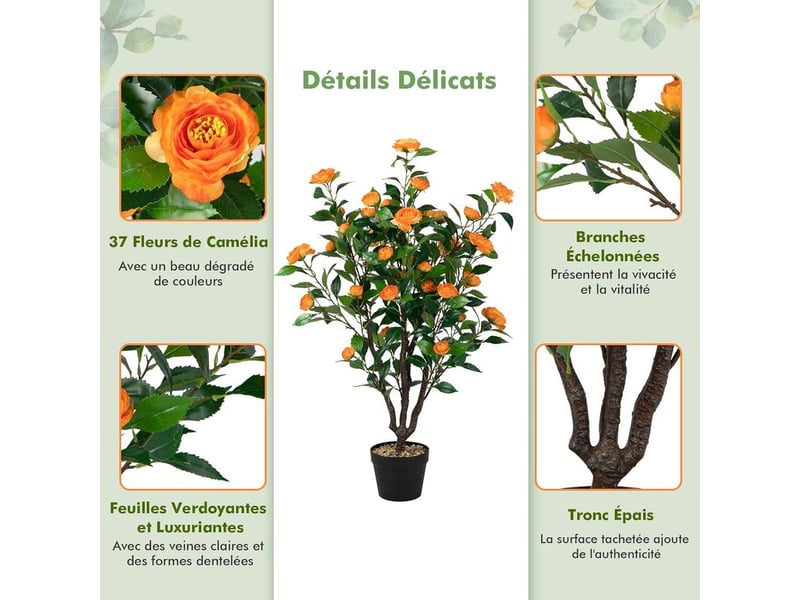  Costway – plante verte artificielle camélia 100 cm – 37 fleurs en pleine floraison – pot en pp avec galets décoratifs – résistante aux uv  - Conforama C