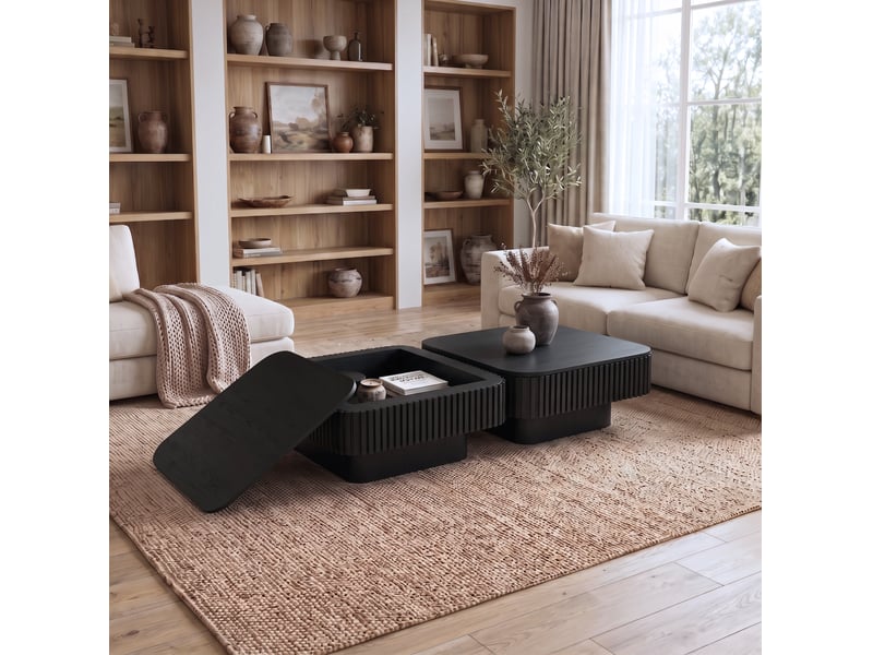  Table basse carrée avec couvercle amovible et rangement caché, finition cannelée noire pour salon 75 × 75 × 35 cm  - Conforama D