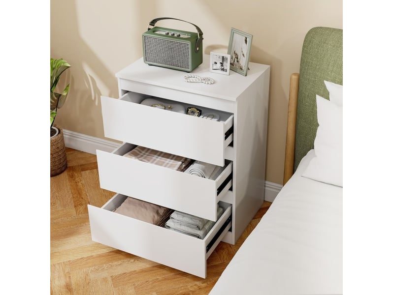 Commode blanche sans poignées avec 3 tiroirs en panneaux de particules fsc, pratique pour chambre, entrée ou salon - Conforama D