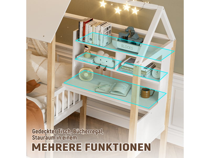  Lit enfant 90x200 cm en bois massif blanc et naturel avec bureau en l, bibliothèque, tiroirs à roulettes et barrière de sécurité.  - Conforama E