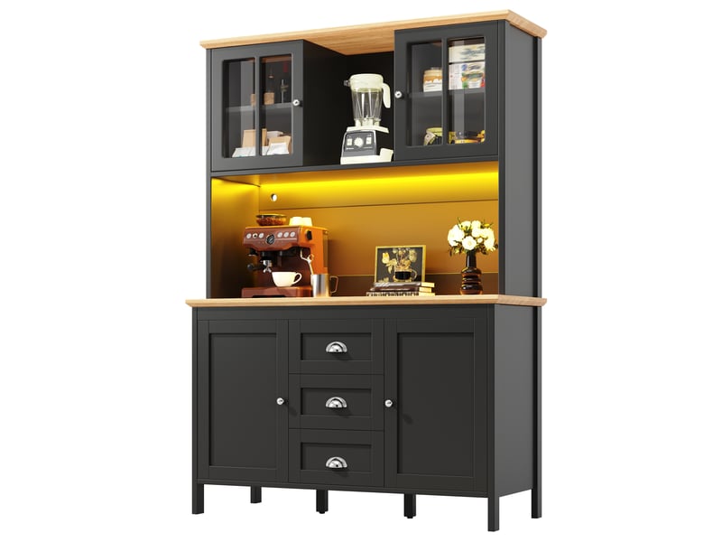  Meuble de cuisine muvano, buffet haut noir avec éclairage led, 4 portes et 3 tiroirs, 120 x 40 x 179 cm  - Conforama A