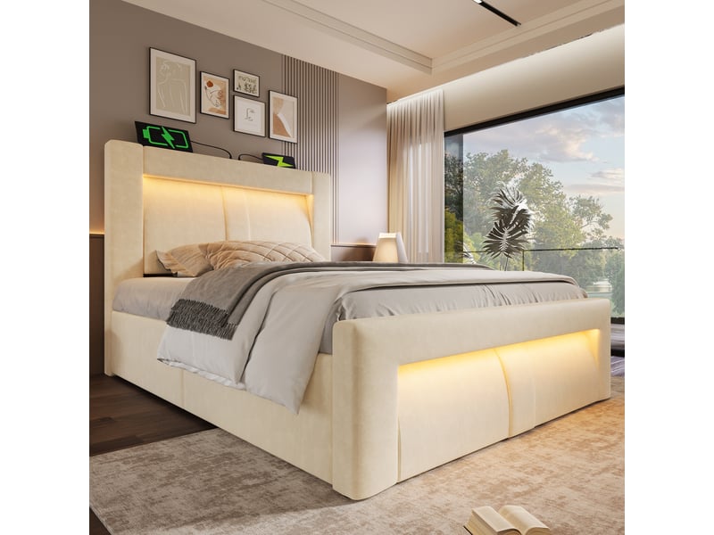  Lit coffre enfant 90x200 cm avec led pilotable, ports usb et type-c intégrés, tête de lit en velours, beige, sans matelas  - Conforama W