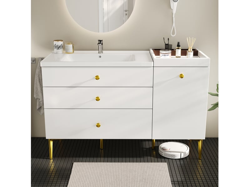  Meuble sous vasque avec lavabo en céramique, 5 tiroirs et placard pour salle de bain, blanc, 120 × 47,5 × 80 cm  - Conforama B