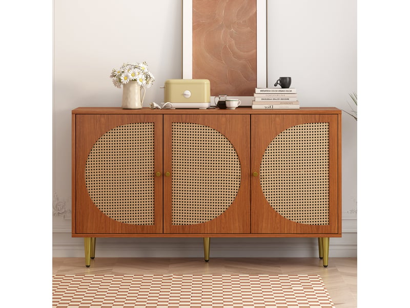 Buffet bas 3 portes avec décor effet rotin et poignées en métal, noyer, 129,8 x 40 x 76 cm - Conforama B