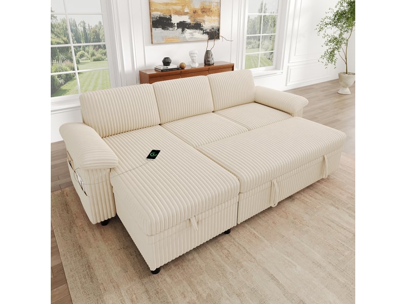 Canapé d'angle convertible 3 places en velours côtelé beige, 214 x 138,5 x 89 cm, angle réversible, avec rangement, poches latérales, dossier réglable CARDUME ESTIVAL - Conforama D