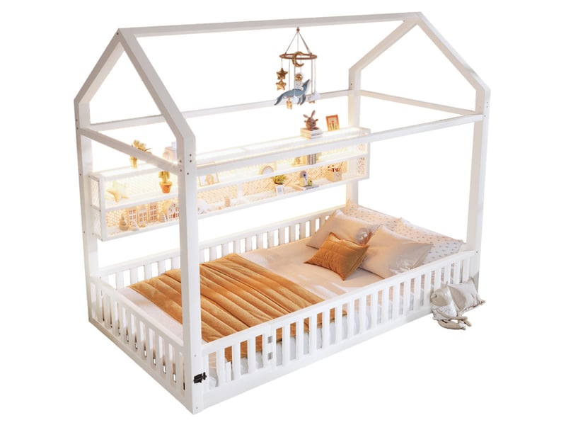 Lit cabane en métal 90x200 cm - motif maison - avec barrière de sécurité - avec lumières led - blanc (matelas non inclus) - Conforama A