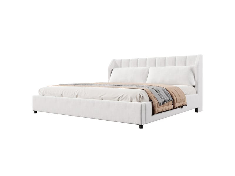  Lit rembourré beige 180x200 cm en velours, 2 coussins inclus, tête de lit à surpiqûres verticales et sommier à lattes en bois  - Conforama A