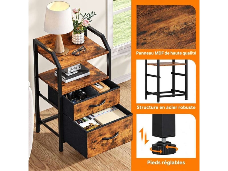  Table de chevet 40x30x70 cm deux tiroirs tissu etagere ouverte marron rustique noir  - Conforama D