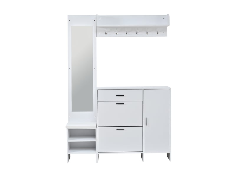 Vestiaire d'entrée avec meuble à chaussures, porte-manteau de couloir multifonctionnel avec miroir et banc de rangement, 140x30x200cm, blanc  - Conforama A