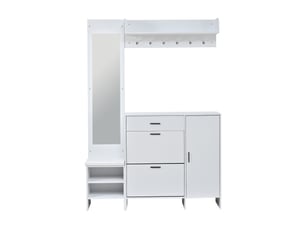Vestiaire d'entrée avec meuble à chaussures, porte-manteau de couloir multifonctionnel avec miroir et banc de rangement, 140x30x200cm, blanc