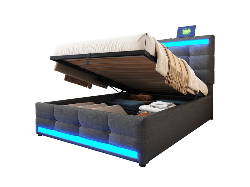  Lit coffre 90x200 cm, en mdf, éclairage led rgb, usb et tête de lit réglable, gris, sans matelas  - Conforama A