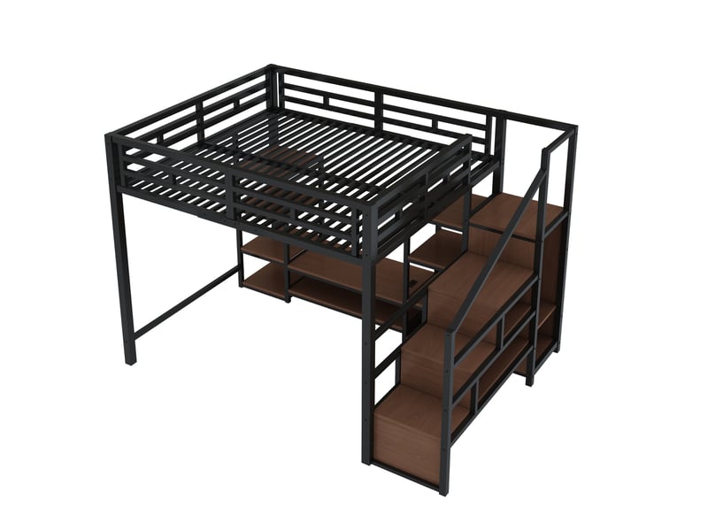 Lit mezzanine 140×200 cm avec meuble tv, prise et échelle sécurisée, noir - Conforama E