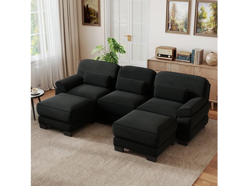  Canapé modulable en u 3 places 265x 161x 94 cm, coussins lombaires, assise profonde, 2 poufs, en velours côtelé, noir  - Conforama D