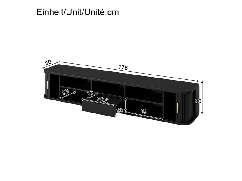  Meuble tv suspendu 175x30x30 cm, 2 portes coulissantes, 1 tiroir, étagères réglables, led par application, façade rainurée - noir  - Conforama C