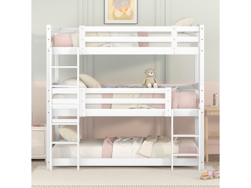  Lit superposé 3 places en bois blanc, lit enfant 90x200 cm séparable avec barrières de sécurité et échelles, sans matelas  - Conforama E