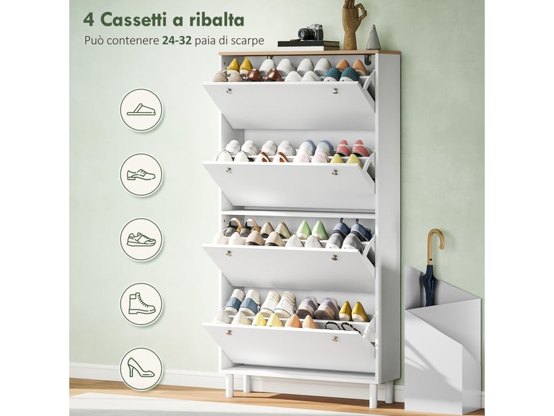  Meuble à chaussures étroit avec 4 tiroirs inclinables et étagères réglables pour 24 à 32 paires de chaussures, 80 x 23,5 x 157 cm, blanc  - Conforama E