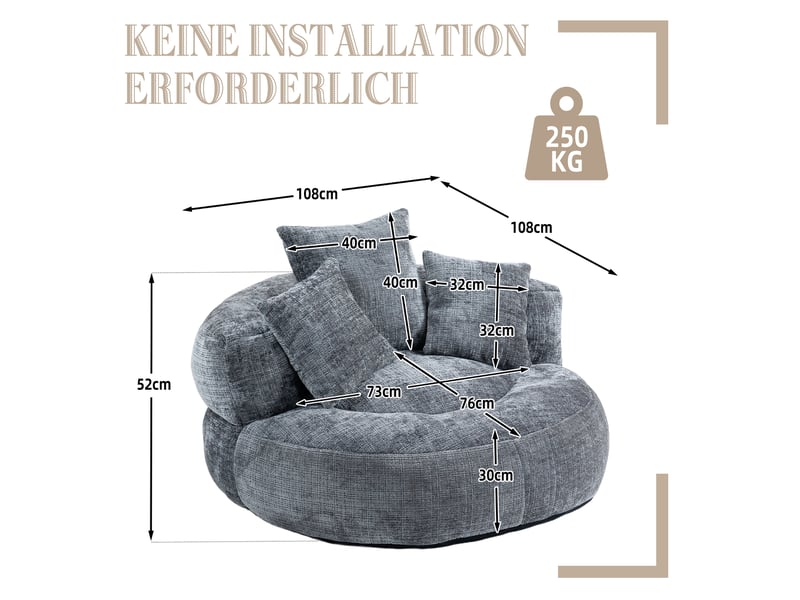  Fauteuil lazy sofa 108x108x52 cm gris chenille mousse confortable pour salon chambre avec 3 coussins evarich - Conforama C
