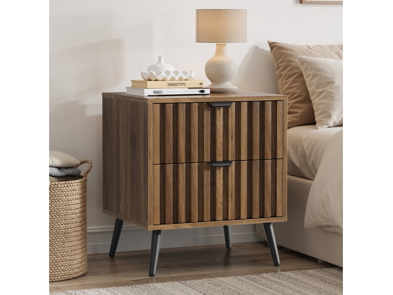  Table de nuit 2 tiroirs 45 x 40 x 53 cm, finition noyer en panneaux mdf, piètement métallique stable et design encastré  - Conforama B
