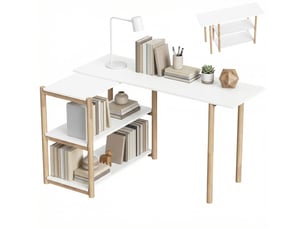 Bureau rotatif modulable avec étagères en mdf et bambou blanc et coloris chêne