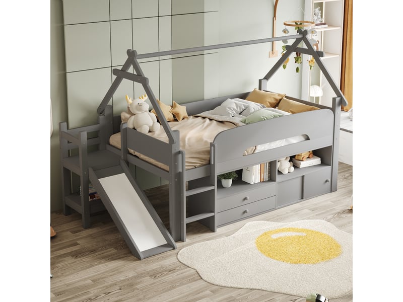  Lit mezzanine 90×200 cm, lit simple avec toboggan, rangement et barrières, sans matelas, en bois massif, gris  - Conforama B