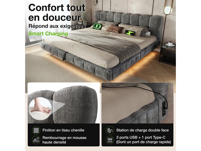Lit coffre hydraulique 160x200 cm avec led, usb-c, tête de lit capitonnée design nuage, lit double en chenille avec rangement - gris - Conforama E