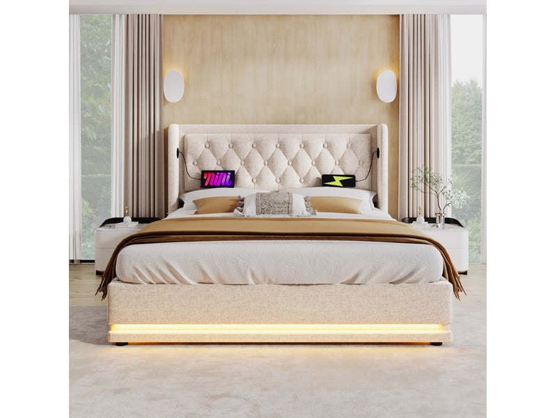  Lit double 160x200 cm en coton beige, sommier relevable hydraulique, tête de lit capitonnée, led 3 côtés et usb-c  - Conforama B