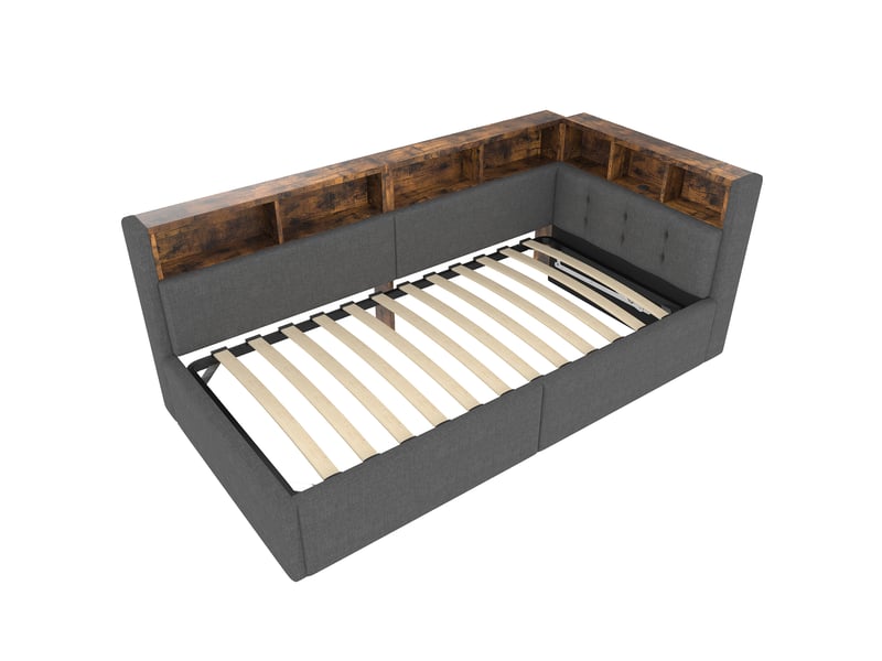  Lit 90x200 cm coffre 1 place avec tête rangement et led, lin, gris, sans matelas  - Conforama R