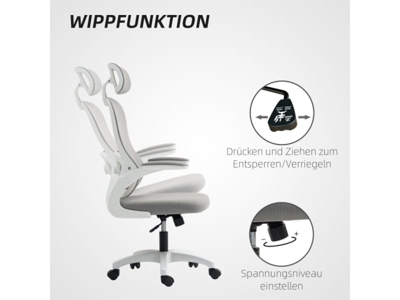  Chaise de bureau ergonomique en mesh, accoudoirs rabattables, 5 roulettes, inclinable, grise  - Conforama B