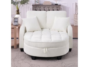 Canapé convertible 2 en 1 beige avec pouf coffre, tissu respirant et bois d’eucalyptus