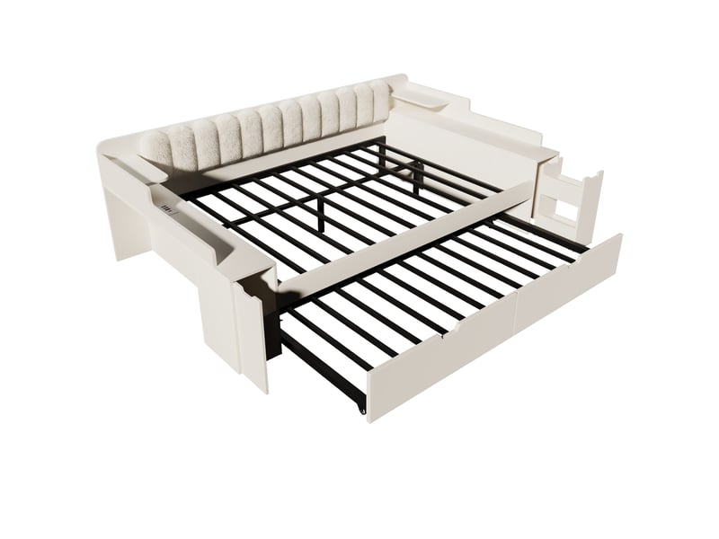  Lit banquette 140x190 cm blanc avec lit gigogne, rangement et station de charge  - Conforama D