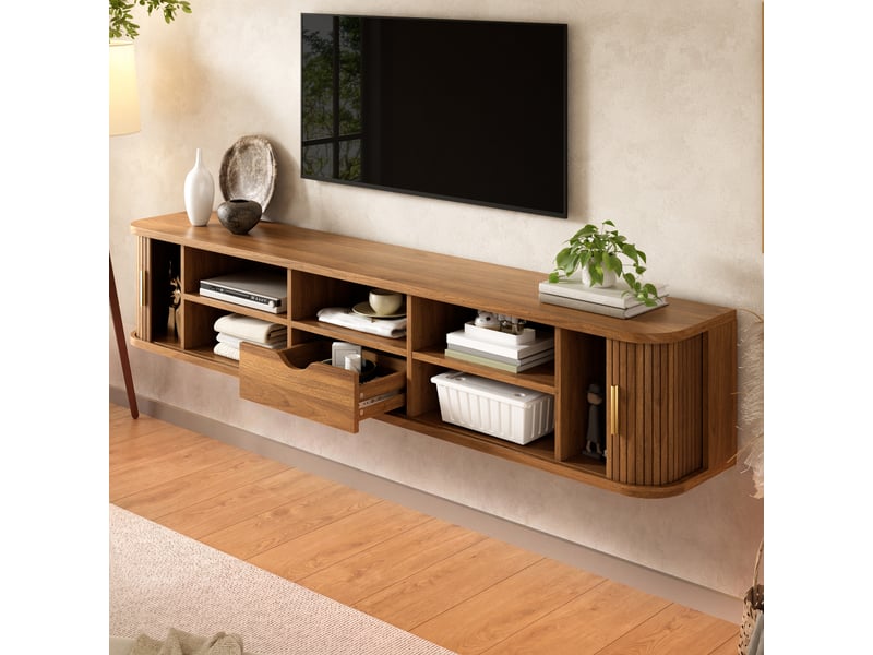  Meuble tv mural avec 2 portes coulissantes, tiroir, étagères réglables et led pour salon, mdf noyer, 175×30×30 cm  - Conforama B