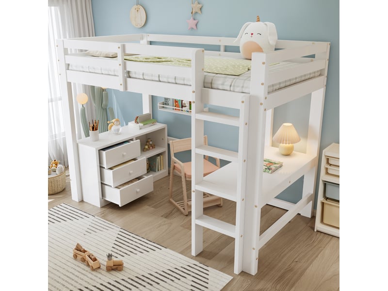  Modenvie lit mezzanine enfant 90x200 cm - avec bureau intégré, armoire à tiroirs, sans matelas - blanc  - Conforama E