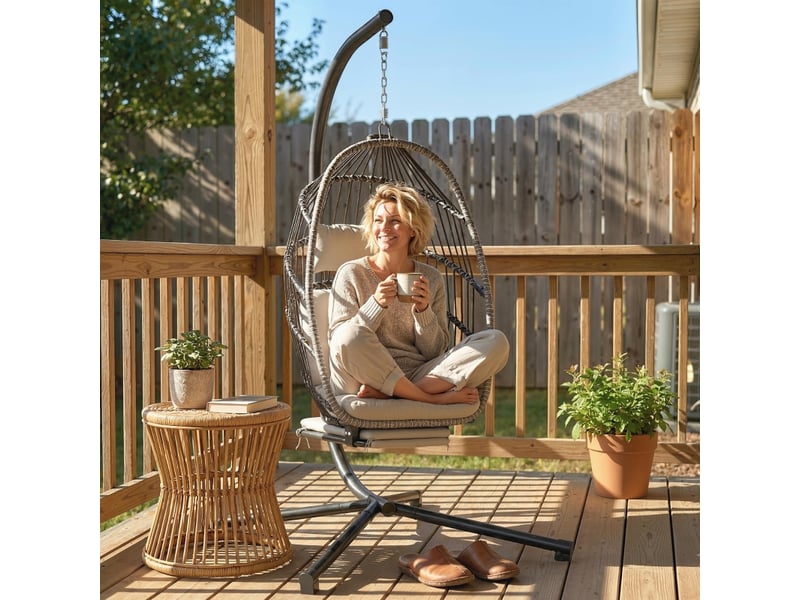  Fauteuil suspendu avec support, chaise suspendue pliante avec repose-pieds rétractable, gris clair  - Conforama E