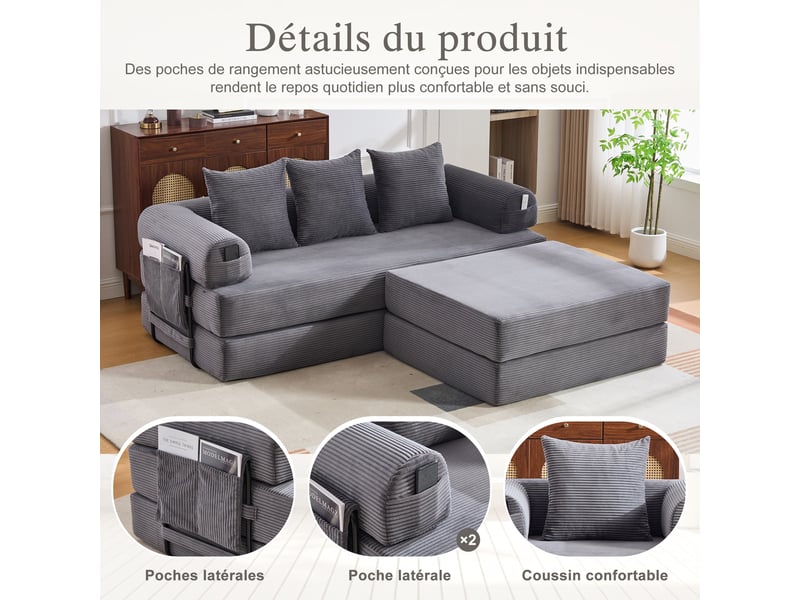Canapé modulable en velours côtelé gris foncé 200 x 190 x 67 cm avec pouf, 3 coussins, poches latérales, salon 200x190x67cm - Conforama D