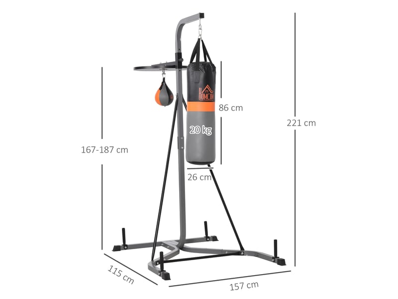  Sac de frappe suspendu avec speed ball, hauteur réglable de 167 à 187 cm et gonfleur, 115 x 157 x 221 cm, noir et gris  - Conforama E