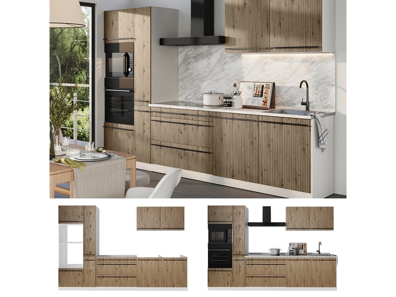  Vicco cuisine, chêne artisanblanc, 310cm plan de travail chêne doré  - Conforama D