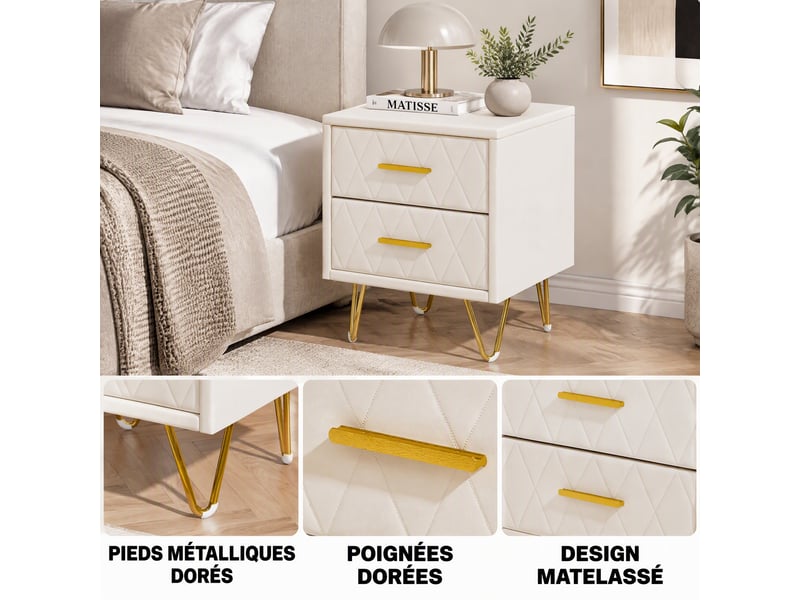  Lot de 2 tables de chevet,2 tiroirs, moderne table de nuit chambre pu, commode chambre,armoire de chevet,beige  - Conforama R