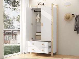 Armoire — blanc et bois — 90 × 45 × 180 cm — 2 portes et 2 tiroirs
