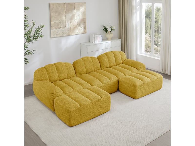  Canapé d'angle modulaire 3 places avec ottoman, assise profonde et dossier ergonomique en fleece jaune  - Conforama C