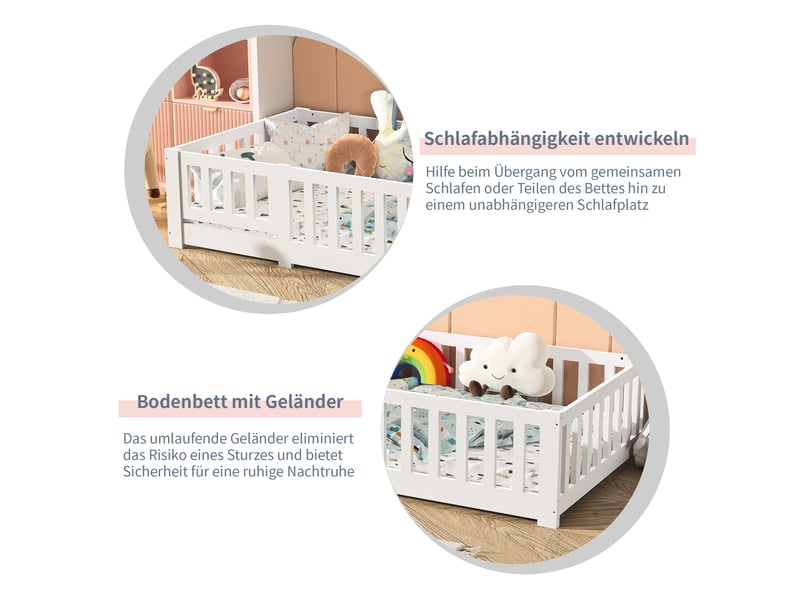  Lit au sol enfant 90x200, lit montessori au sol en bois massif avec barrière de sécurité et sommier à lattes  - Conforama E