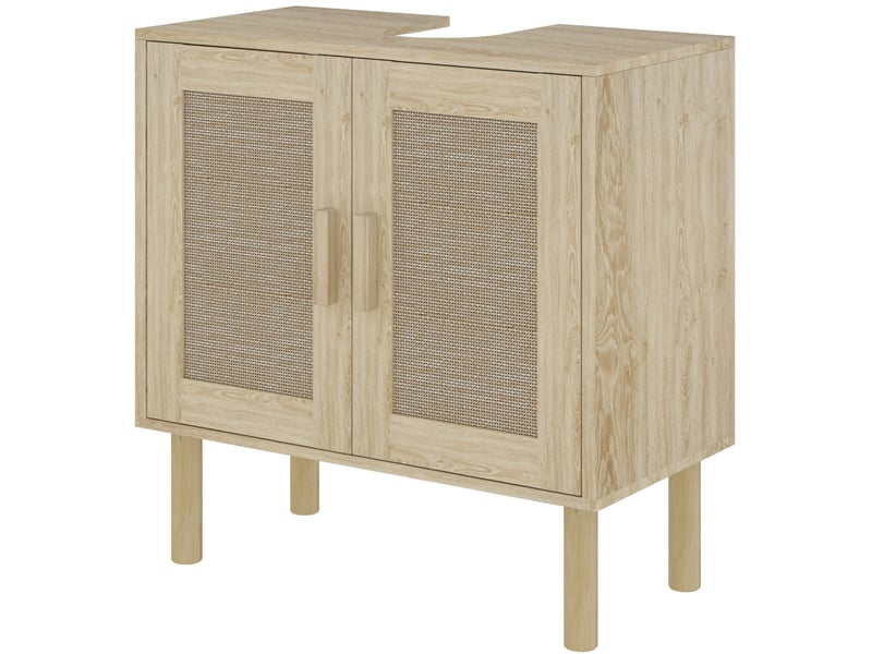  Meuble salle de bain sous lavabo meuble sous lavabo portes en rotin pieds bois de pin 2 niveaux 60 x 30 x 60 cm chêne  - Conforama B
