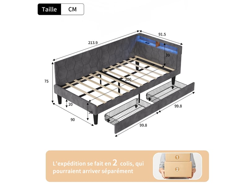 Lit banquette 90x200 cm avec led rgb et usb chargeur, canapé-lit rembourré avec rangement et tête de lit capitonnée lit ado avec tiroirs et cadre de lit à lattes gris velours, sans matelas - Conforama C