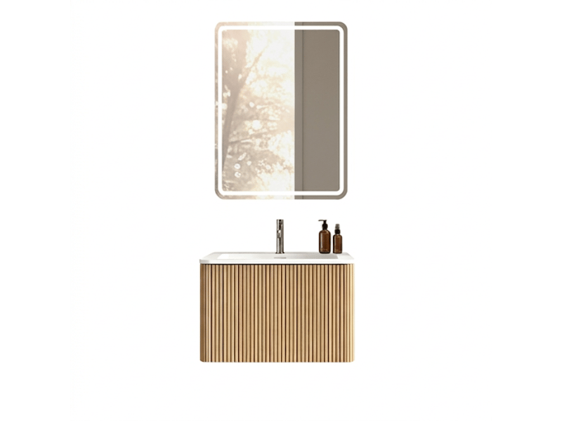  Ensemble meuble de salle de bain 60 cm suspendu avec miroir led anti-buée et lavabo intégré chêne  - Conforama A