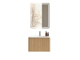 Ensemble meuble de salle de bain 60 cm suspendu avec miroir led anti-buée et lavabo intégré chêne