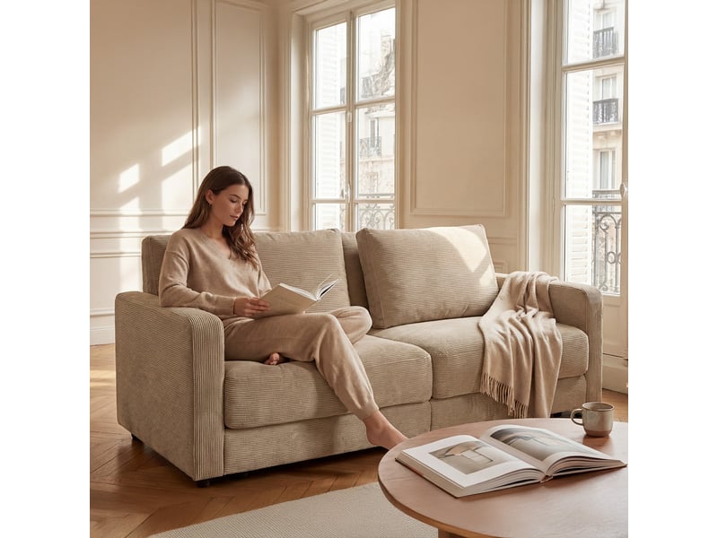  Canapé droit velours côtelé beige venezia 3 pl 3CA56.CA.3D.05 - Conforama C