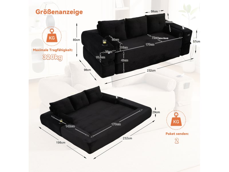 Canapé convertible 3 places en velours côtelé noir avec poches, porte-gobelets et coussins mémoire de forme - Conforama C