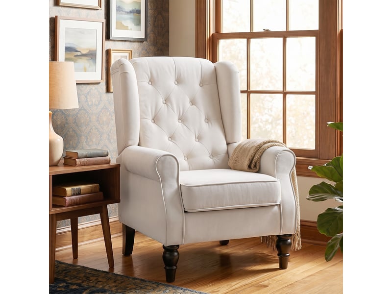 Fauteuil à oreilles style chesterfield dossier capitonné grand confort bois noir tissu crème  - Conforama D
